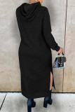 Black Fashion Casual Solid Slit Hooded Collar Long Sleeve Dresses