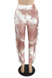 Coral Powder Fashion Casual Print Tie Dye Tassel Regular High Waist Pencil Trousers