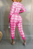 Pink Casual Print Split Joint Buckle O Neck Long Sleeve Two Pieces