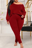 Red Fashion Casual Solid Basic Oblique Collar Plus Size Two Pieces