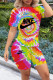 Yellow Fashion Casual Print Tie-dye O Neck Short Sleeve Two Pieces