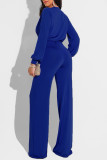 Blue Casual Solid Bandage Patchwork V Neck Straight Jumpsuits