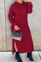 Burgundy Fashion Casual Solid Slit Hooded Collar Long Sleeve Dresses
