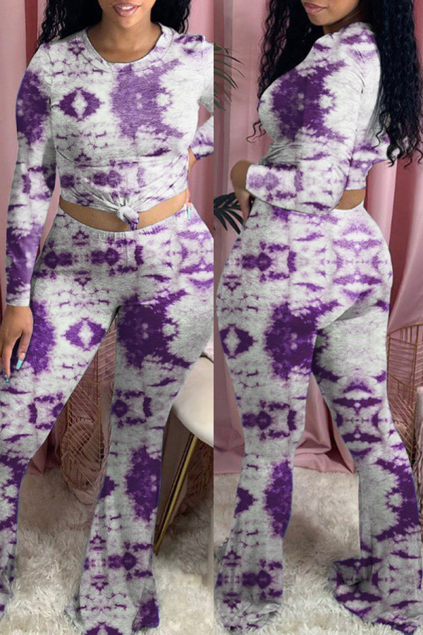 Purple Fashion Casual Tie Dye Printing O Neck Long Sleeve Two Pieces