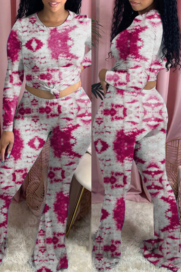 Red Fashion Casual Tie Dye Printing O Neck Long Sleeve Two Pieces