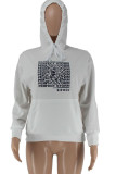 White Black Fashion Casual Letter Print Basic Hooded Collar Tops