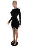 Red adult Sexy Fashion Cap Sleeve Long Sleeves O neck Hip skirt Mini asymmetrical Draped Solid