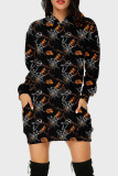 Black Orange Street Print Split Joint Hooded Collar Long Sleeve Dresses