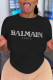 Black Casual Print Patchwork Letter O Neck T-Shirts