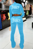 Light Blue Fashion Casual Print Hot Drill Hooded Collar Long Sleeve Two Pieces