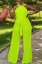 Fluorescent Green Sexy Solid Mesh Halter Straight Jumpsuits