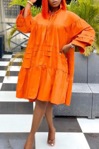 Tangerine Casual Solid Patchwork Frenulum Fold Turtleneck Dresses