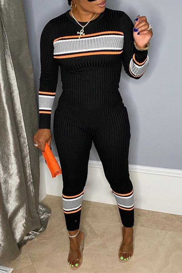 Black Fashion Casual Patchwork Basic O Neck Long Sleeve Two Pieces