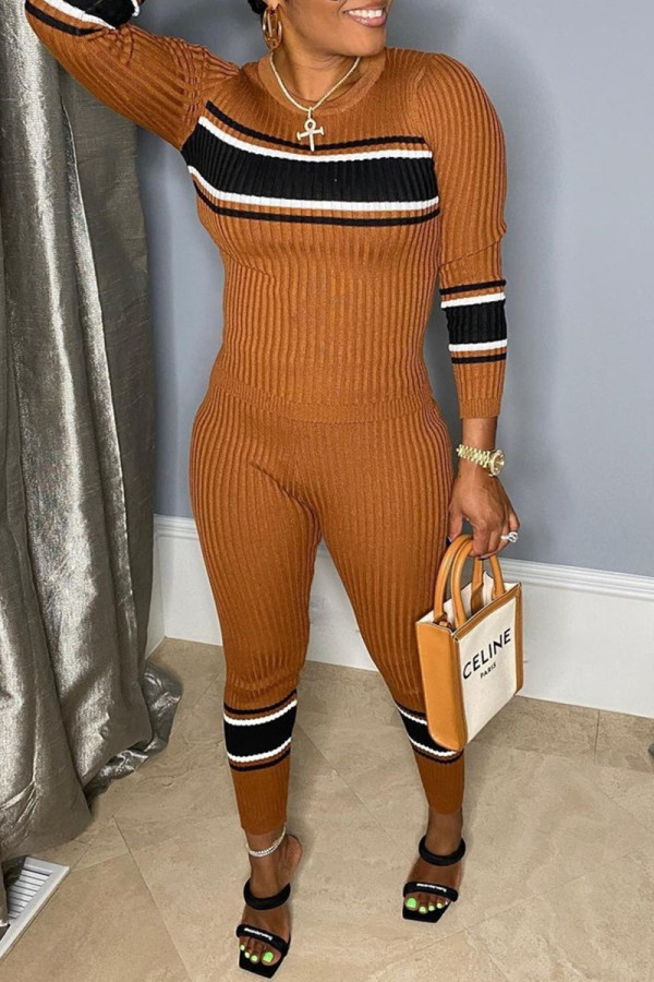 Brown Fashion Casual Patchwork Basic O Neck Long Sleeve Two Pieces