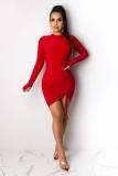 Red adult Sexy Fashion Cap Sleeve Long Sleeves O neck Hip skirt Mini asymmetrical Draped Solid