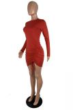 Red adult Sexy Fashion Cap Sleeve Long Sleeves O neck Hip skirt Mini asymmetrical Draped Solid