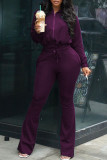 Purple Casual Solid Patchwork Draw String Zipper Zipper Collar Long Sleeve Two Pieces