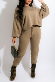 Army Green Casual Solid Patchwork O Neck Long Sleeve Two Pieces