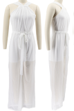 White Sexy Solid Mesh Halter Straight Jumpsuits
