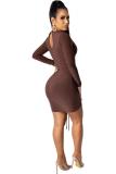 Red adult Sexy Fashion Cap Sleeve Long Sleeves O neck Hip skirt Mini asymmetrical Draped Solid