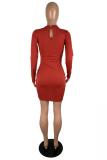 Red adult Sexy Fashion Cap Sleeve Long Sleeves O neck Hip skirt Mini asymmetrical Draped Solid