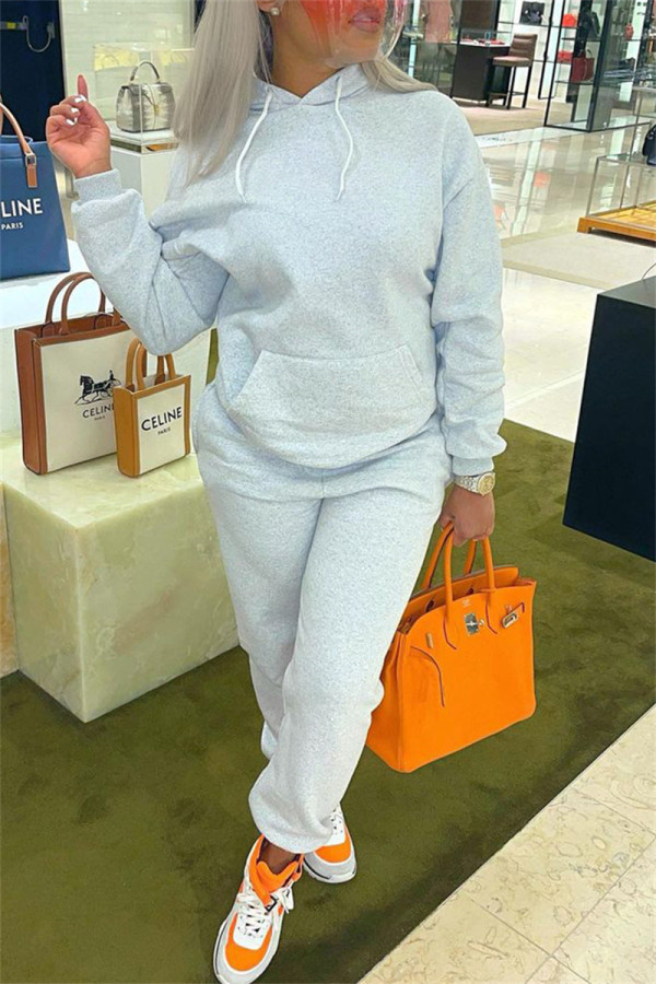 Grey Fashion Sweet Solid Patchwork Hooded Collar Long Sleeve Two Pieces