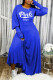 Blue Fashion Casual Letter Print Basic O Neck Long Sleeve Dresses