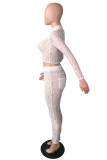 White Fashion Sexy Solid See-through O Neck Long Sleeve Two Pieces