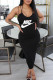 Black Fashion Street Print Patchwork Spaghetti Strap Wrapped Skirt Dresses