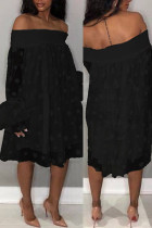 Black Sexy Sweet Party Cute Solid Polka Dot Mesh Off the Shoulder Cake Skirt Dresses