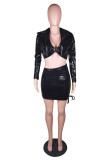 Black Fashion Sexy Solid Hollowed Out V Neck Long Sleeve Three-piece Set