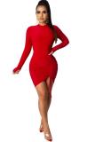 Red adult Sexy Fashion Cap Sleeve Long Sleeves O neck Hip skirt Mini asymmetrical Draped Solid