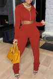 Red Fashion Casual Solid Fold Hooded Collar Long Sleeve Two Pieces