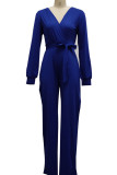 Blue Casual Solid Bandage Patchwork V Neck Straight Jumpsuits