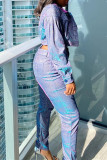 Purple Fashion Casual Patchwork Basic Turndown Collar Long Sleeve Two Pieces