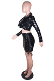 Black Fashion Sexy Solid Hollowed Out V Neck Long Sleeve Three-piece Set