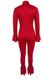 Red Sexy Print Split Joint V Neck Boot Cut Jumpsuits