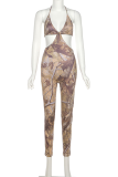 Green Sexy Print Hollowed Out Spaghetti Strap Skinny Jumpsuits
