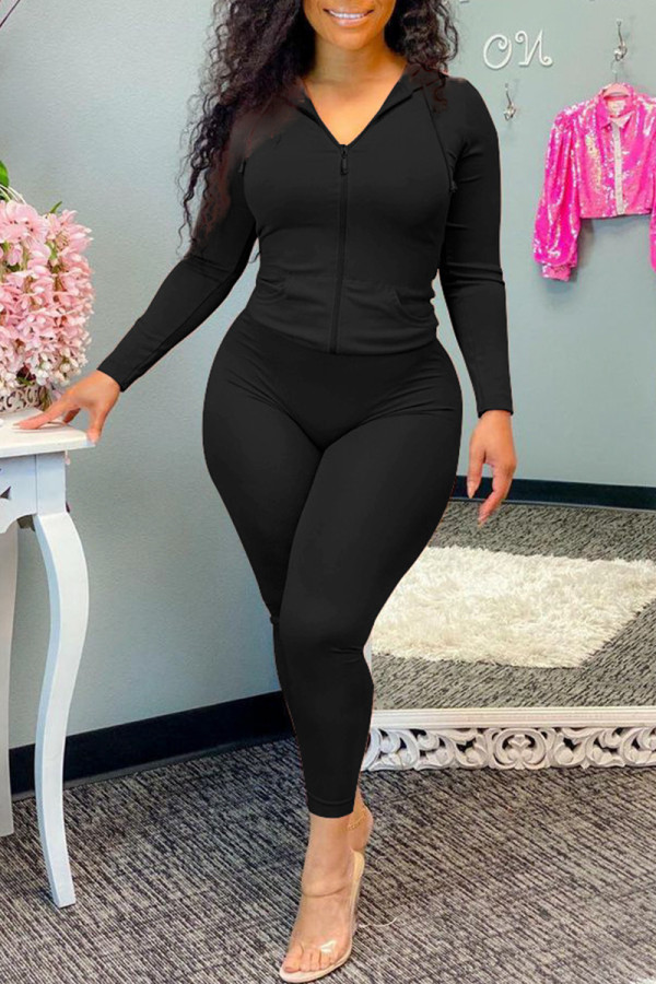 Black Fashion Casual Solid Basic Hooded Collar Long Sleeve Two Pieces