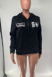 Black Fashion Casual Letter Print Zipper Hooded Collar Outerwear