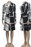 Black White Casual Print Split Joint With Belt Turn-back Collar A Line Dresses