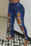 Light Blue Sexy Street Hollowed Out Make Old Patchwork High Waist Skinny Denim Jeans