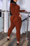 Caramel Colour Sexy Solid Hollowed Out Patchwork Turtleneck Skinny Jumpsuits