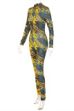 Yellow Fashion Casual Print Basic Zipper Collar Skinny Jumpsuits
