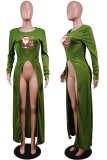 Army Green Casual Print Split Joint O Neck Irregular Dress Dresses