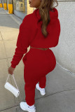 Rose Red Fashion Casual Solid Hollowed Out Hooded Collar Long Sleeve Three-piece Set