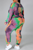 Red Fashion Casual Print Tie Dye Backless O Neck Plus Size Two Pieces