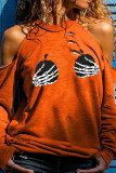 Black Orange Street Print Ripped Hollowed Out Split Joint O Neck Tops