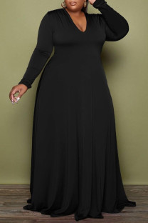 Black Casual Elegant Solid Patchwork V Neck A Line Plus Size Dresses