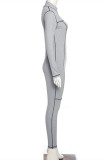 Grey Fashion Casual Solid Patchwork Zipper Collar Skinny Jumpsuits